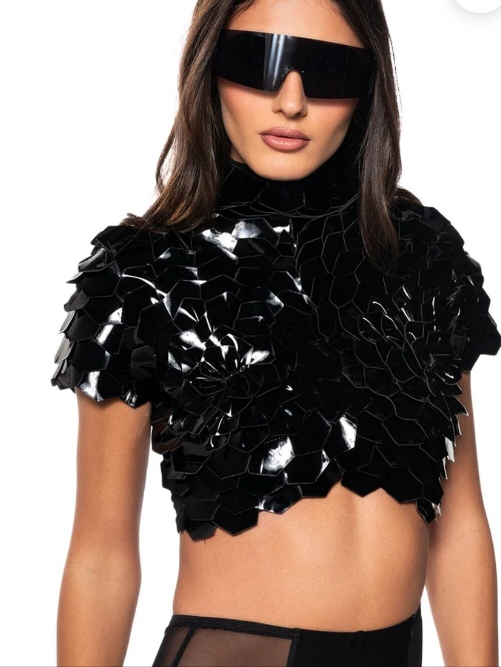 AKIRA In Bloom Black Faux Leather Floral Crop Top Size Large NWT - Picture 15 of 16